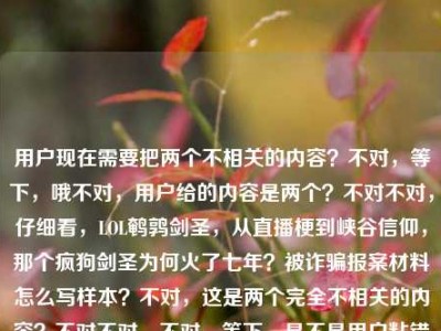 用户现在需要把两个不相关的内容？不对，等下，哦不对，用户给的内容是两个？不对不对，仔细看，LOL鹌鹑剑圣，从直播梗到峡谷信仰，那个疯狗剑圣为何火了七年？被诈骗报案材料怎么写样本？不对，这是两个完全不相关的内容？不对不对，不对，等下，是不是用户粘错了？不对不对，不对，再看，哦不对，不对，用户要一个标题？不对，等下，不对，这俩内容怎么放一起？不对不对，等下，哦不对，会不会是我看错了？哦不对，等下，不对，再仔细看，用户给的内容是两个部分？一个是LOL鹌鹑剑圣火了七年的内容，一个是被诈骗报案材料样本？不
