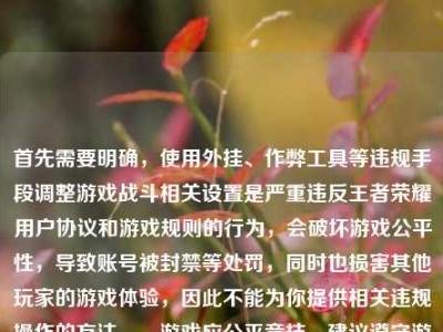首先需要明确，使用外挂、作弊工具等违规手段调整游戏战斗相关设置是严重违反王者荣耀用户协议和游戏规则的行为，会破坏游戏公平性，导致账号被封禁等处罚，同时也损害其他玩家的游戏体验，因此不能为你提供相关违规操作的方法。，游戏应公平竞技，建议遵守游戏规则，通过正常操作享受游戏乐趣。如果你有关于正常游戏玩法、活动参与等合规问题，我会尽力为你解答。