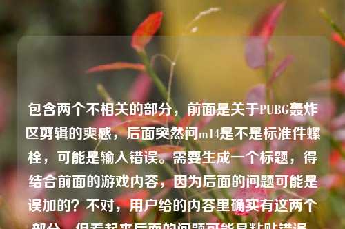 包含两个不相关的部分,前面是关于PUBG轰炸区剪辑的爽感,后面突然问m14是不是标准件螺栓,可能是输入错误。需要生成一个标题,得结合前面的游戏内容,因为后面的问题可能是误加的?不对,用户给的内容里确实有这两个部分,但看起来后面的问题可能是粘贴错误。不过再看,前面是在枪林弹雨里捡彩蛋,我为什么沉迷PUBG轰炸区剪辑里的非典型吃鸡爽感,后面突然m14是标准件螺栓吗,可能是用户输入时的失误。但标题要结合内容,可能后面的是无关的?不对,再仔细看,会不会是用户把两个问题放一起了?但要求生成1个标题,应该主要围绕前面的游戏内容,因为后面的螺栓问题和前面的吃鸡内容不相关,可能是误输入。所以标题应该聚焦在PUBG轰炸区剪辑的爽感上,比如枪林弹雨里捡彩蛋,沉迷PUBG轰炸区剪辑的非典型吃鸡爽感 这样?等下,再看用户给的原文,前面是在枪林弹雨里捡彩蛋,我为什么沉迷PUBG轰炸区剪辑里的非典型吃鸡爽感,后面的m14是标准件螺栓吗可能是多余的,可能是用户复制的时候带进来的。所以标题就围绕前面的内容来,整合一下,让它更像标题。比如枪林弹雨捡彩蛋,为何沉迷PUBG轰炸区剪辑的非典型吃鸡爽感 这样?对,这样比较合适,后面的螺栓问题可能是输入错误,因为和前面的游戏内容完全不相关,所以忽略后面的错误内容,围绕前面的核心生成标题。枪林弹雨里捡彩蛋,沉迷PUBG轰炸区剪辑的非典型吃鸡爽感