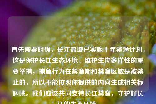 首先需要明确，长江流域已实施十年禁渔计划，这是保护长江生态环境、维护生物多样性的重要举措，捕鱼行为在禁渔期和禁渔区域是被禁止的，所以不能按照你提供的内容生成相关标题哦。我们应该共同支持长江禁渔，守护好长江的生态环境。