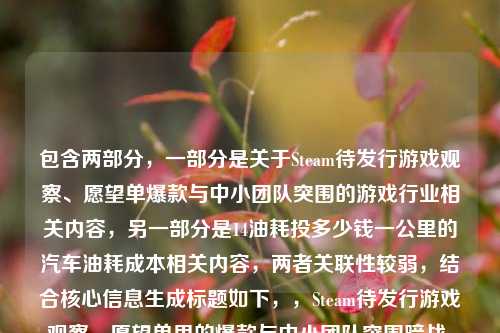 包含两部分,一部分是关于Steam待发行游戏观察、愿望单爆款与中小团队突围的游戏行业相关内容,另一部分是14油耗投多少钱一公里的汽车油耗成本相关内容,两者关联性较弱,结合核心信息生成标题如下,,Steam待发行游戏观察,愿望单里的爆款与中小团队突围暗战,附14油耗每公里成本测算