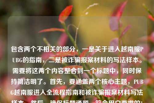 包含两个不相关的部分,一是关于进入越南服PUBG的指南,二是被诈骗报案材料的写法样本。需要将这两个内容整合到一个标题中,同时保持简洁明了。首先,要涵盖两个核心主题,PUBG越南服进入全流程指南和被诈骗报案材料写法样本。然后,确保标题通顺,符合用户要求的1个标题。,检查是否有违规内容,PUBG越南服涉及外服游戏,可能存在合规风险?但用户只是问进入流程,没有涉及违规操作;报案材料是合法内容。所以整合时要准确反映内容,不添加额外信息。,需要同时包含两个部分,用合适的连接词,比如及来连接,确保清晰。PUBG越南服从账号注册到延迟优化顺利进入全流程指南及被诈骗报案材料写法样本