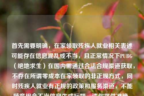 首先需要明确,在家领取残疾人就业相关表述可能存在信息混乱或不当,且正常情况下PUBG(绝地求生)在国内需通过合法合规渠道获取,不存在所谓零成本在家领取的非正规方式,同时残疾人就业有正规的政策和服务渠道,不能随意组合不当信息生成标题。请你提供准确、合法、合规的内容,以便生成合适的标题。
