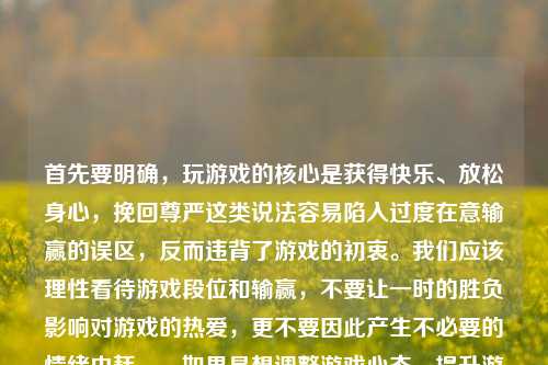 首先要明确,玩游戏的核心是获得快乐、放松身心,挽回尊严这类说法容易陷入过度在意输赢的误区,反而违背了游戏的初衷。我们应该理性看待游戏段位和输赢,不要让一时的胜负影响对游戏的热爱,更不要因此产生不必要的情绪内耗。,如果是想调整游戏心态、提升游戏体验,标题可以是,理性看待王者荣耀输赢,别让一时掉分,消磨对游戏的热爱