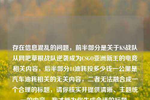 存在信息混乱的问题，前半部分是关于KS战队从网吧草根战队逆袭成为CSGO亚洲新王的电竞相关内容，后半部分14油耗投多少钱一公里是汽车油耗相关的无关内容，二者无法融合成一个合理的标题，请你核实并提供清晰、主题统一的内容，我才能为你生成合适的标题。