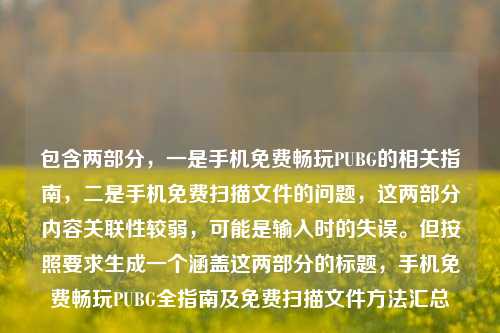 包含两部分,一是手机免费畅玩PUBG的相关指南,二是手机免费扫描文件的问题,这两部分内容关联性较弱,可能是输入时的失误。但按照要求生成一个涵盖这两部分的标题,手机免费畅玩PUBG全指南及免费扫描文件方法汇总