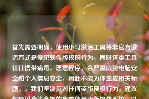 首先需要明确,使用小马激活工具等非官方激活方式是侵犯软件版权的行为,同时这类工具往往携带病毒、恶意程序,会严重威胁电脑安全和个人信息安全,因此不能为你生成相关标题。,我们坚决反对任何盗版侵权行为,建议你通过合法合规的方式使用正版操作系统,以保障自身权益和信息安全。